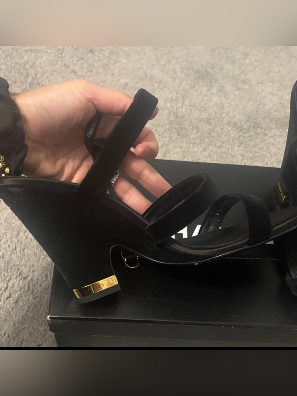 100% authentic Chanel Black Suede Strappy Heel Sandals with Gold Logo Accent - Picture 5 of 9
